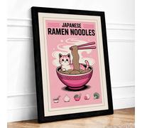 Ramen Cat Dreams Modern Framed Wall Art Print A2 (59.4×42cm) Black, Wall Decor for Living Room, Bedroom, Office & Home, Ready to Hang, Art Gift