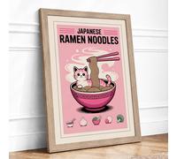 Ramen Cat Dreams Modern Framed Wall Art Print A3 (42×29.7cm) Oak, Wall Decor for Living Room, Bedroom, Office & Home, Ready to Hang, Art Gift