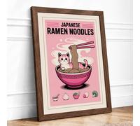 Ramen Cat Dreams Modern Framed Wall Art Print A3 (42×29.7cm) Walnut, Wall Decor for Living Room, Bedroom, Office & Home, Ready to Hang, Art Gift
