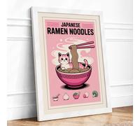 Ramen Cat Dreams Modern Framed Wall Art Print A3 (42×29.7cm) White, Wall Decor for Living Room, Bedroom, Office & Home, Ready to Hang, Art Gift