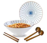 Ramen Ceramic Bowl Set, 2 x 1000 ml Japanese Tableware with Chopsticks and Spoon, Premium Large Pasta Bowls, Soup Bowls, Salad Bowls for Pho Ramen (Hanabi)
