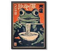 Ramen Frog Anime Woodblock Poster Print, Cartoon Manga Edo Aesthetic Wall Art Japanese Wall Art Bedroom Home Decor, A5 (Black Frame) - 24.1x17.9cm