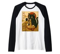 Ramen Noodle Monster Cat Japan Wave Food Art Print Raglan Baseball Tee