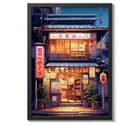 Ramen Shop At Night Anime Woodblock Poster Modern Ukiyo-E, Cartoon Print, Japanese Illustration Wall Art Bedroom Home Decor, A5 (Black Frame) - 24.1x17.9cm