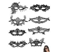 RAMGLYO Venetian Mask Women's 8 Pieces Black Lace Eye Mask with Adjustable Strap for Secure Hold Ideal for Masquerade Ball & Halloween Parties