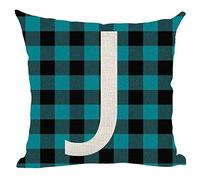 ramirar Alphabet Letter J Blue and Black Buffalo Check Plaid Background Decorative Throw Pillow Cover Case Cushion Home Living Room Bed Sofa Car Cotton Linen Square 18 x 18 Inches