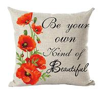 ramirar Black Word Art Quote Be Your Own Kind Of Beautiful Red Poppy Flowers Green Leaves Decorative Throw Pillow Cover Case Cushion Home Living Room Bed Sofa Car Faux Cotton Linen Square 18 x 18 Inch