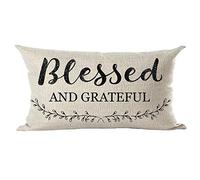 Ramirar Black Word Art Quote Blessed and Grateful Thanksgiving Day Friends Decorative Lumbar Throw Pillow Cover Case Home Living Room Bed Sofa Car Cotton Linen Rectangular 12 x 20 Inches