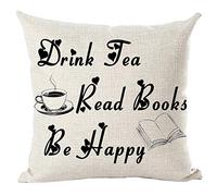 Ramirar Black Word Art Quote Drink Tea Read Books Be Happy for Reading Lover Library Decorative Throw Pillow Cover Case Home Living Room Bed Sofa Car Cotton Linen Square 18 x 18 Inches