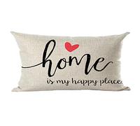 Ramirar Black Word Art Quote Home is My Happy Place Pink Love Inspirational Decorative Lumbar Throw Pillow Cover Case Home Living Room Bed Sofa Car Cotton Linen Rectangular 12 x 20 Inches