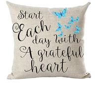ramirar Black Word Art Quote Start Each Day with A Grateful Heart Blue Butterflies Decorative Throw Pillow Cover Case Cushion Home Living Room Bed Sofa Car Cotton Linen Square 18 x 18 Inches