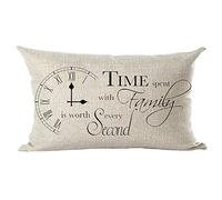 Ramirar Black Word Art Quote Time Spent with Family Every Second is Worth Clock Decorative Lumbar Throw Pillow Cover Case Home Living Room Bed Sofa Car Cotton Linen Rectangular 12 x 20 Inches