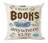 ramirar Brown Word Art Quote I Lived in Books More Than Anywhere Else Library Reading Room Decorative Throw Pillow Cover Case Cushion Home Living Room Bed Sofa Car Cotton Linen Square 18 x 18 Inches