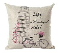 ramirar Hand Painted Bike Bicycle Tower Life is A Beautiful Ride Pink Butterflies Flowers Decorative Throw Pillow Cover Case Cushion Home Living Room Bed Sofa Car Cotton Linen Square 18 x 18 Inches