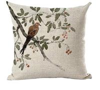 ramirar Hand Painted Chinese Ink Painting Watercolor Grey Sparrow Bird Tree Red Flower Decorative Throw Pillow Cover Case Cushion Home Living Room Bed Sofa Car Faux Cotton Linen Square 18 x 18 Inches