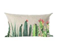 Ramirar Hand Painted Ink Oil Painting Watercolor Green Cactus Pink Flowers Decorative Lumbar Throw Pillow Cover Case Home Living Room Bed Sofa Car Cotton Linen Rectangular 12 x 20 Inches