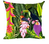 ramirar Hand Painted Ink Oil Painting Watercolor Green Pink Leaves Blue Parrots Birds Decorative Throw Pillow Cover Case Cushion Home Living Room Bed Sofa Car Cotton Linen Square 18 x 18 Inches