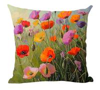 ramirar Hand Painted Oil Painting Beautiful Colorful Poppy Flowers Green Bud Grass Decorative Throw Pillow Cover Case Cushion Home Living Room Bed Sofa Car Faux Cotton Linen Square 18 x 18 Inches
