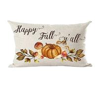ramirar Hand Painted Retro Brown Pumpkin Leaves Mushroom Happy Fall Y'all Autumn Decorative Lumbar Throw Pillow Cover Case Cushion Home Living Room Bed Sofa Car Cotton Linen Rectangular 12 x 20 Inches