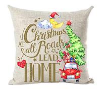 ramirar Hand Painted Watercolor Colorful Red Car Christmas at All Roads Lead Home Tree Moon Decorative Throw Pillow Cover Case Cushion Home Living Room Bed Sofa Car Cotton Linen Square 18 x 18 Inches