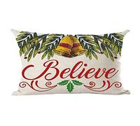 ramirar Hand Painted Watercolor Green Leaves Red Flowers Bell Believe Christmas Decorative Lumbar Throw Pillow Cover Case Cushion Home Living Room Bed Sofa Car Cotton Linen Rectangular 12 x 20 Inches