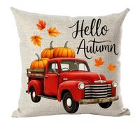 ramirar Hand Painted Watercolor Red Pickup Truck Maple Leaves Pumpkins Hello Autumn Fall Decorative Throw Pillow Cover Case Cushion Home Living Room Bed Sofa Car Cotton Linen Square 18 x 18 Inches