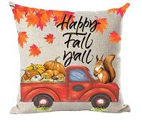 ramirar Happy Fall Y'all Autumn Orange Maple Leaves Pumpkins Red Pickup Truck Squirrel Decorative Throw Pillow Cover Case Cushion Home Living Room Bed Sofa Car Soft Cotton Linen Square 18 x 18 Inches