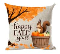 ramirar Happy Fall Y'all Autumn Orange Maple Tree Leaves Pumpkins Brown Lovely Squirrel Decorative Throw Pillow Cover Case Cushion Home Living Room Bed Sofa Car Cotton Linen Square 18 x 18 Inches