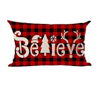 Ramirar Happy New Year Merry Christmas Believe Tree Hat Snow Wine Red Plaid Decorative Lumbar Throw Pillow Cover Case Home Living Room Bed Sofa Car Cotton Linen Rectangular 12 x 20 Inches