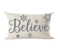 Ramirar Happy New Year Merry Christmas Blue Grey Word Believe Snowflakes Decorative Lumbar Throw Pillow Cover Case Home Living Room Bed Sofa Car Cotton Linen Rectangular 12 x 20 Inches