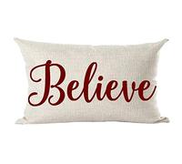 Ramirar Happy New Year Merry Christmas Claret Wine Red Word Believe Inspirational Decorative Lumbar Throw Pillow Cover Case Home Living Room Bed Sofa Car Cotton Linen Rectangular 12 x 20 Inches