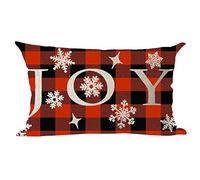Ramirar Happy New Year Merry Christmas Snowflake Stars Joy Wine Red Black Plaid Decorative Lumbar Throw Pillow Cover Case Home Living Room Bed Sofa Car Cotton Linen Rectangular 12 x 20 Inches