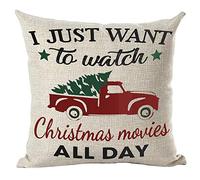 ramirar I Just Want to Watch Christmas Movies All Day Watercolor Red Pickup Truck Pine Tree Decorative Throw Pillow Cover Case Cushion Home Living Room Bed Sofa Car Cotton Linen Square 18 x 18 Inches