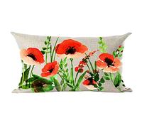 Ramirar Ink Oil Painting Pink Red Poppy Flower Green Leaves Summer Decorative Lumbar Throw Pillow Cover Case Cushion Home Living Room Bed Sofa Car Cotton Linen Rectangular 12 x 20 Inches