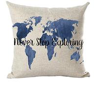 Ramirar Ink Painting Never Stop Exploring Blue World Map Columbus Day Decorative Throw Pillow Cover Case Home Living Room Bed Sofa Car Cotton Linen Square 18 x 18 Inches