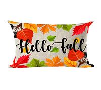 Ramirar Ink Painting Watercolor Colorful Green Orange Maple Leaves Hello Fall Decorative Lumbar Throw Pillow Cover Case Home Living Room Bed Sofa Car Cotton Linen Rectangular 12 x 20 Inches
