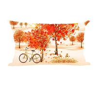 Ramirar Ink Painting Watercolor Orange Maple Tree Leaves Bike Bicycle Decorative Lumbar Throw Pillow Cover Case Home Living Room Bed Sofa Car Cotton Linen Rectangular 12 x 20 Inch