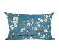 ramirar Ink Painting Watercolor Pink Flowers Lovely Birds Blue Background Decorative Lumbar Throw Pillow Cover Case Cushion Home Living Room Bed Sofa Car Cotton Linen Rectangular 12 x 20 Inches