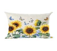 Ramirar Ink Painting Watercolor Yellow Sunflowers Blue Butterflies Leaves Summer Decorative Lumbar Throw Pillow Cover Case Home Living Room Bed Sofa Car Cotton Linen Rectangular 12 x 20 Inches