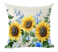 Ramirar Ink Painting Watercolor Yellow Sunflowers Blue Flowers Summer Decorative Throw Pillow Cover Case Home Living Room Bed Sofa Car Cotton Linen Square 18 x 18 Inches