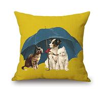 ramirar Lovely Little Dog Cat Under The Umbrella Yellow Green Background for Pet Lover Decorative Throw Pillow Cover Case Cushion Home Living Room Bed Sofa Car Soft Cotton Linen Square 18 x 18 Inches