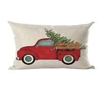 Ramirar Merry Christmas Happy New Year Retro Red Pickup Truck Pine Tree Decorative Lumbar Throw Pillow Cover Case Home Living Room Bed Sofa Car Cotton Linen Rectangular 12 x 20 Inches