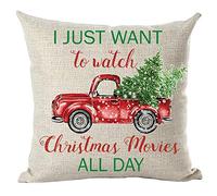 Ramirar Merry Christmas Red Pickup Truck I Just Want to Watch Christmas Movies All Day Trees Decorative Throw Pillow Cover Case Home Living Room Bed Sofa Car Cotton Linen Square 18 x 18 Inches