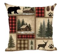 Ramirar Retro Brown Deer Bear Paw Prints House Cabin Forest Pine Nut Trees Maple Field Fall Decorative Throw Pillow Cover Case Home Living Room Bed Sofa Car Cotton Linen Square 18 x 18 Inches