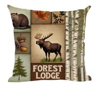 Ramirar Retro Brown Deer Bear Pine Cone Maple Leaves Green Trees Forest Lodge Cabin Creek Decorative Throw Pillow Cover Case Home Living Room Bed Sofa Car Cotton Linen Square 18 x 18 Inches