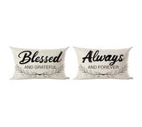 Ramirar Set of 2 Black Word Art Blessed and Grateful Always and Forever Decorative Lumbar Throw Pillow Cover Case Home Living Room Bed Sofa Car Cotton Linen Rectangular 12 x 20 Inches