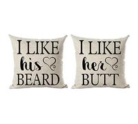Ramirar Set of 2 Black Word Art I Like His Beard I Like Her for Lover Valentine's Day Decorative Throw Pillow Cover Case Cushion Home Living Room Bed Sofa Car Cotton Linen Square 18 x 18 Inches