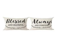 ramirar Set of 2 Black Word Art Quote Blessed and Grateful Always and Forever Decorative Lumbar Throw Pillow Cover Case Cushion Home Living Room Bed Sofa Car Cotton Linen Rectangular 12 x 20 Inches