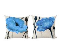 ramirar Set of 2 Ink Painting Watercolor Blue Poppy Flowers Decorative Throw Pillow Cover Case Cushion Home Living Room Bed Sofa Car Cotton Linen Square 18 x 18 Inches
