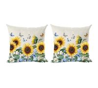 Ramirar Set of 2 Ink Painting Watercolor Yellow Sunflowers Butterflies Summer Decorative Throw Pillow Cover Case Cushion Home Living Room Bed Sofa Car Cotton Linen Square 18 x 18 Inches